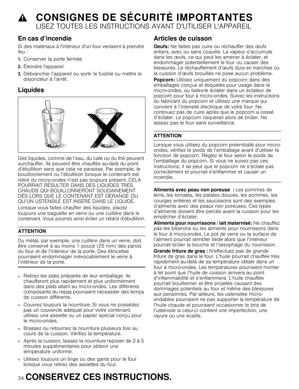 Consignes de sécurité importantes, Conservez ces instructions, En cas d’incendie | Liquides, Articles de cuisson | Thermador Masterpiece Series 30 Inch Built-In Microwave Use and Care Guide User Manual | Page 34 / 60