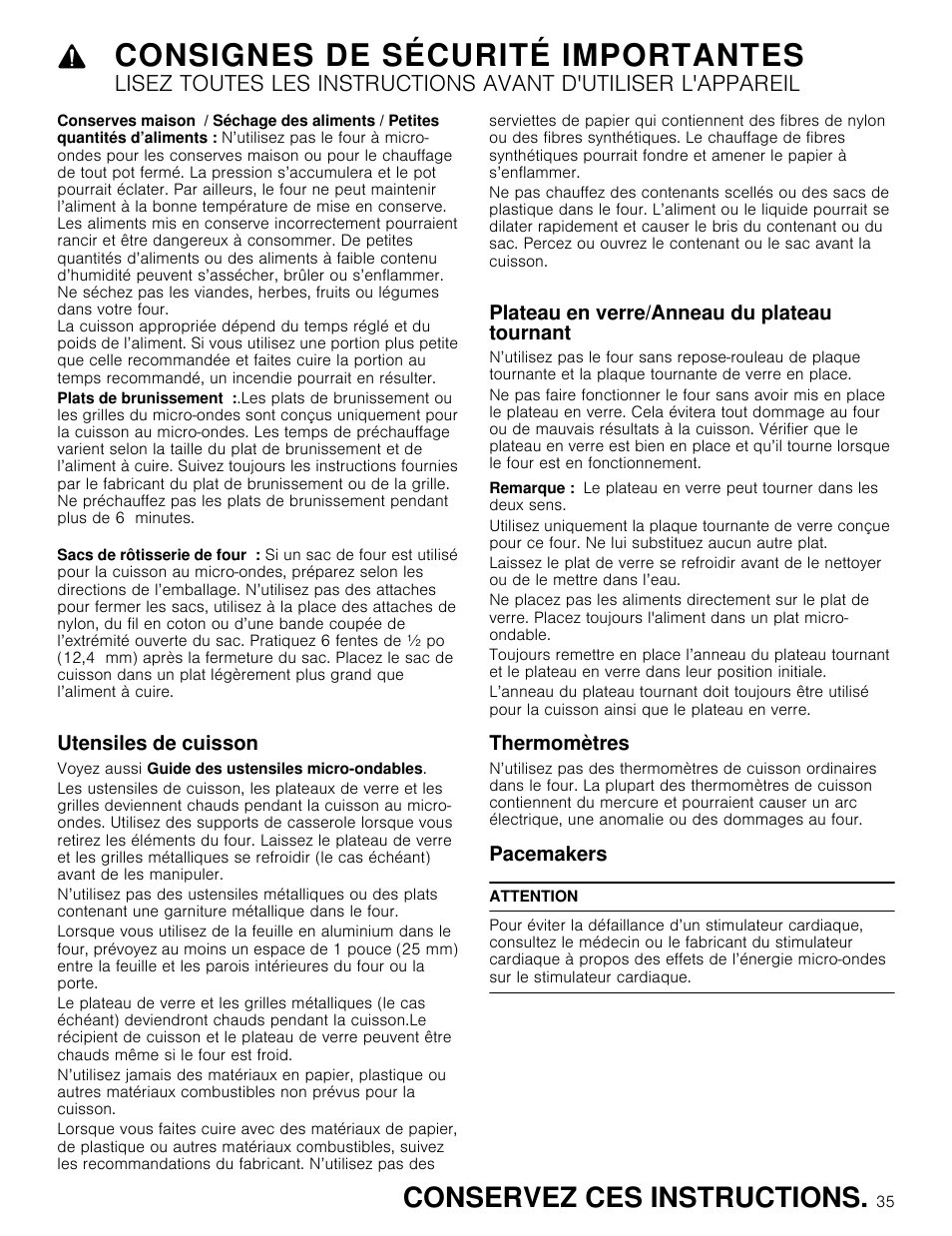 Consignes de sécurité importantes, Conservez ces instructions, Utensiles de cuisson | Plateau en verre/anneau du plateau tournant, Thermomètres, Pacemakers | Thermador Masterpiece Series 30 Inch Built-In Microwave Use and Care Guide User Manual | Page 35 / 60