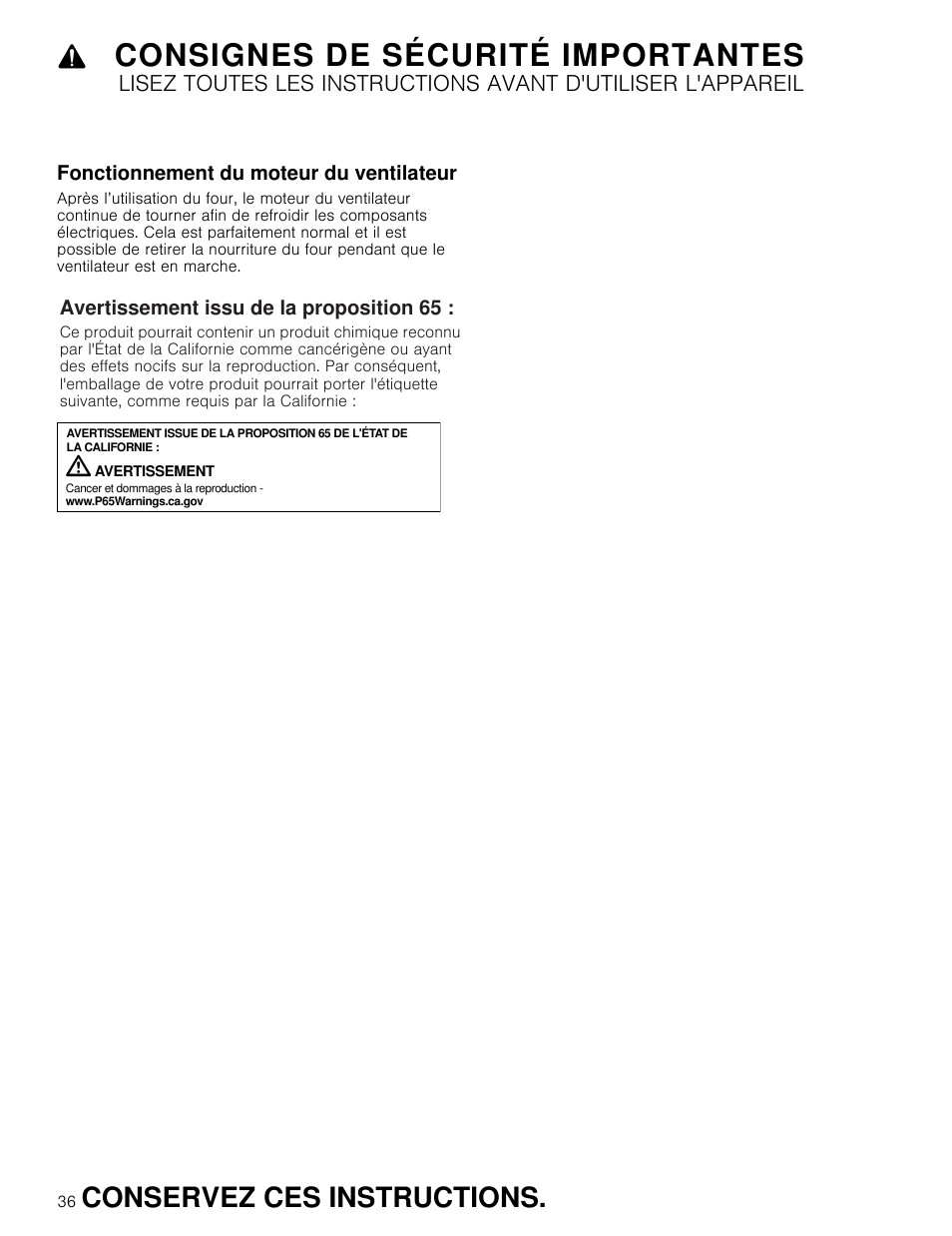 Consignes de sécurité importantes, Conservez ces instructions | Thermador Masterpiece Series 30 Inch Built-In Microwave Use and Care Guide User Manual | Page 36 / 60