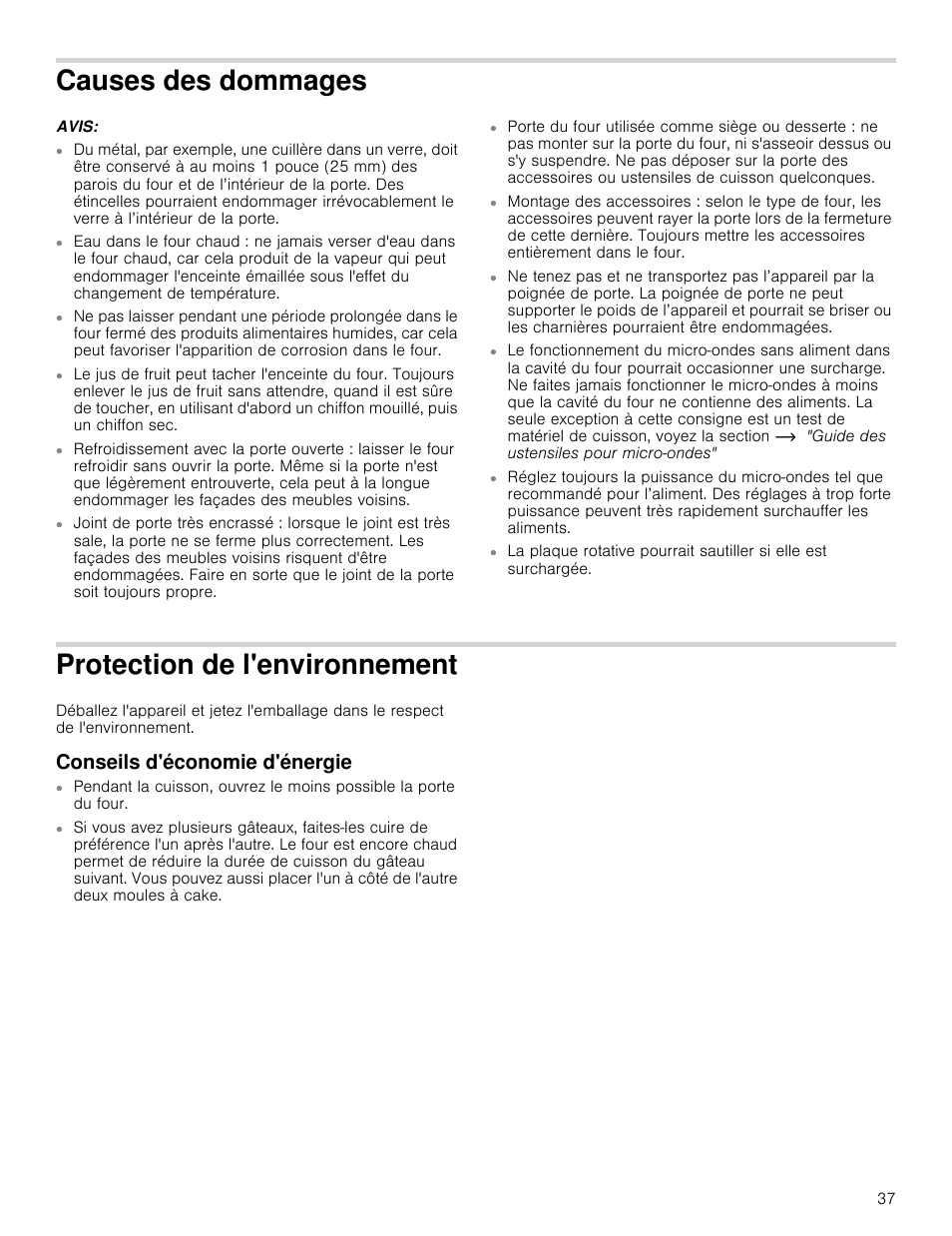 Causes des dommages, Protection de l'environnement, Conseils d'économie d'énergie | Thermador Masterpiece Series 30 Inch Built-In Microwave Use and Care Guide User Manual | Page 37 / 60