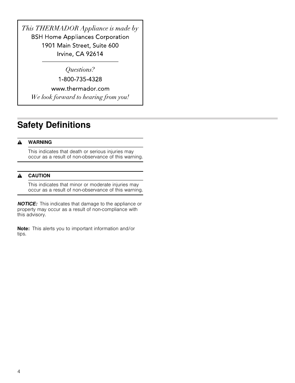 Safety definitions | Thermador Masterpiece Series 30 Inch Built-In Microwave Use and Care Guide User Manual | Page 4 / 60