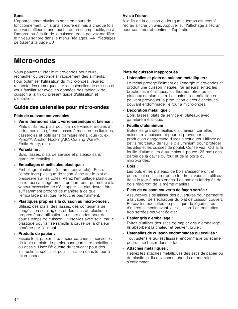 Micro-ondes, Guide des ustensiles pour micro-ondes | Thermador Masterpiece Series 30 Inch Built-In Microwave Use and Care Guide User Manual | Page 42 / 60