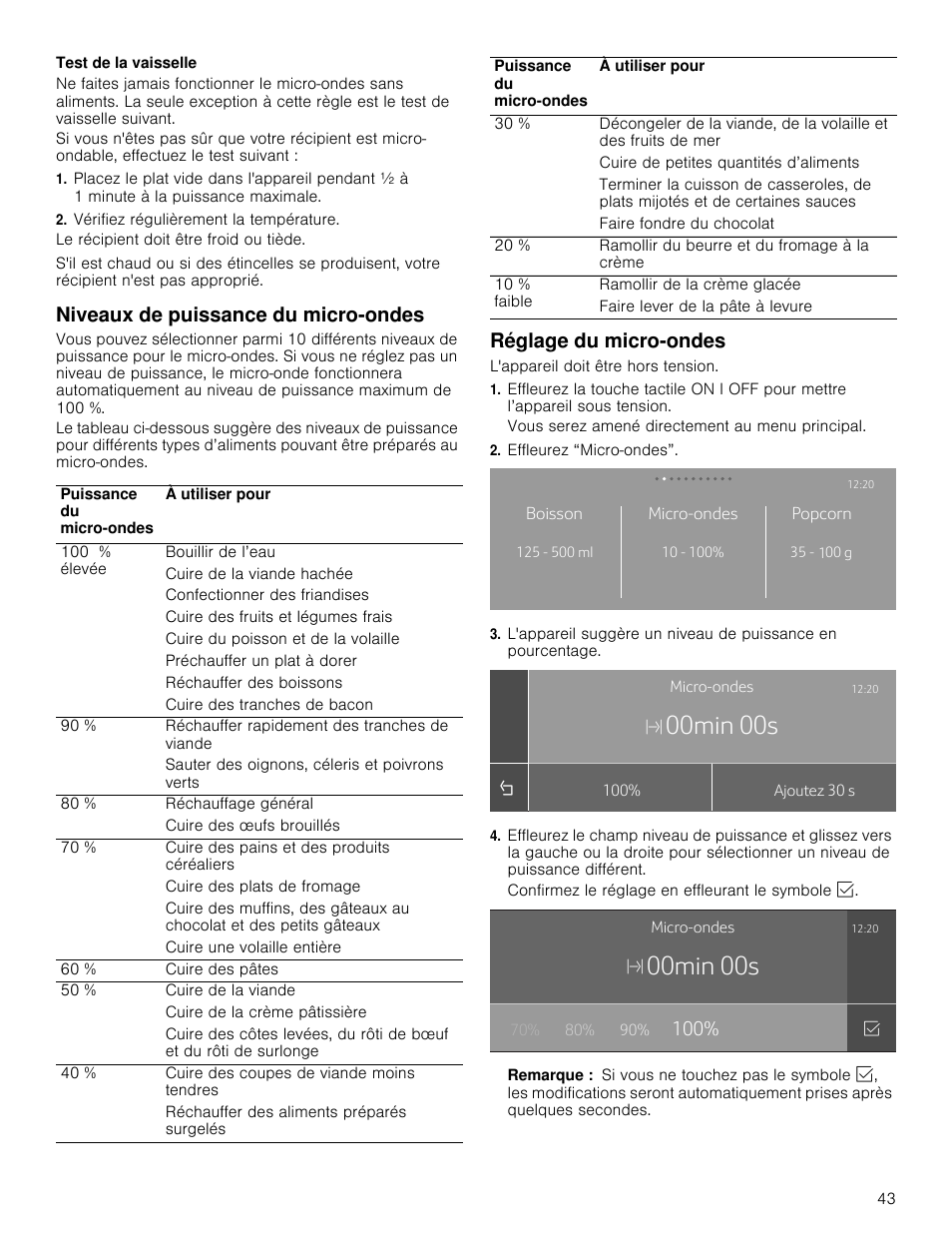 Plqv, Niveaux de puissance du micro-ondes, Réglage du micro-ondes | Thermador Masterpiece Series 30 Inch Built-In Microwave Use and Care Guide User Manual | Page 43 / 60