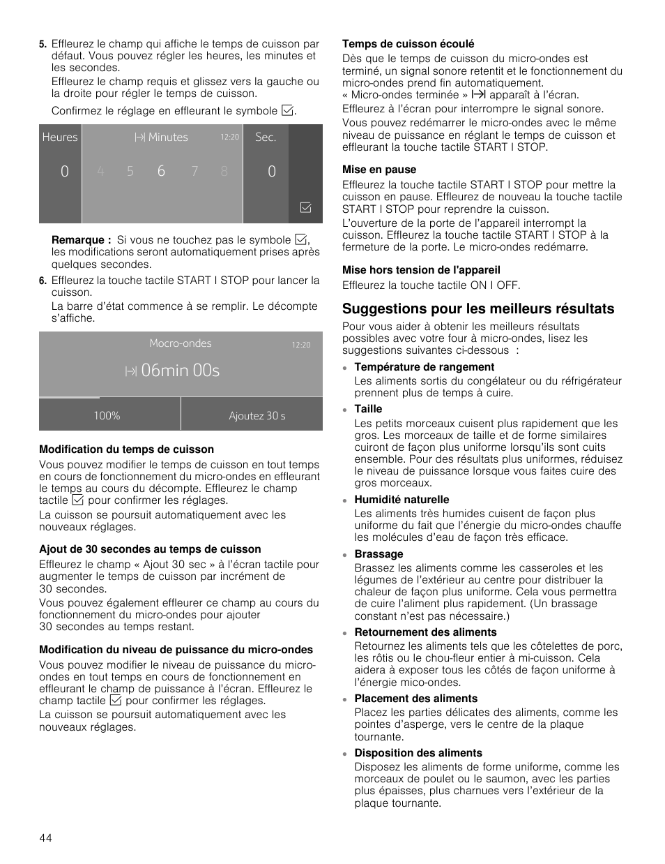 Plqv, Suggestions pour les meilleurs résultats | Thermador Masterpiece Series 30 Inch Built-In Microwave Use and Care Guide User Manual | Page 44 / 60