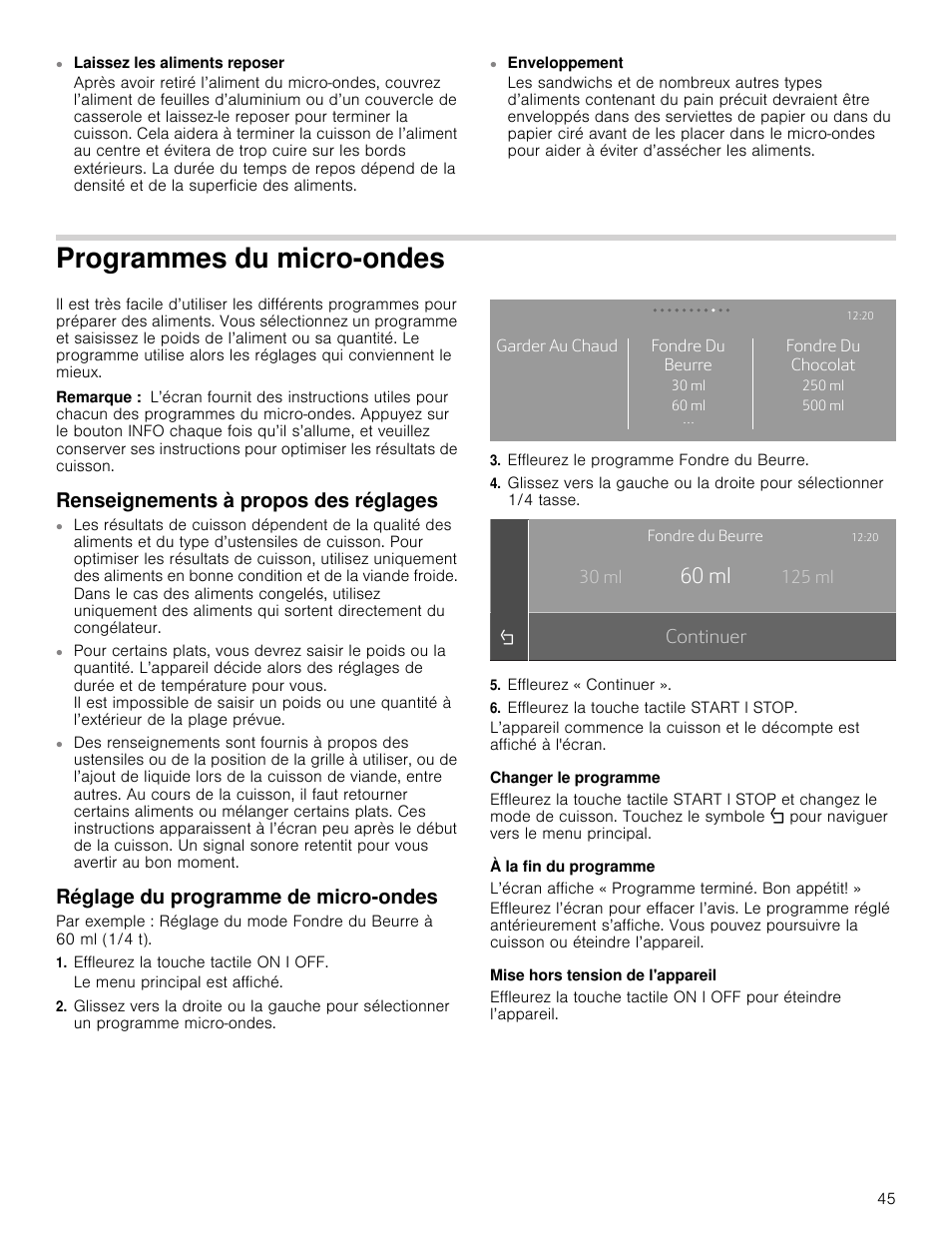 Programmes du micro-ondes, Renseignements à propos des réglages, Réglage du programme de micro-ondes | Rqwlqxhu | Thermador Masterpiece Series 30 Inch Built-In Microwave Use and Care Guide User Manual | Page 45 / 60