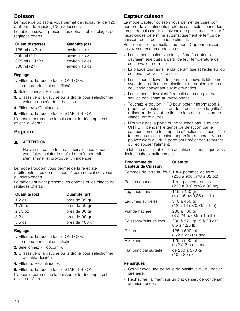 Boisson, Popcorn, Capteur cuisson | Thermador Masterpiece Series 30 Inch Built-In Microwave Use and Care Guide User Manual | Page 46 / 60