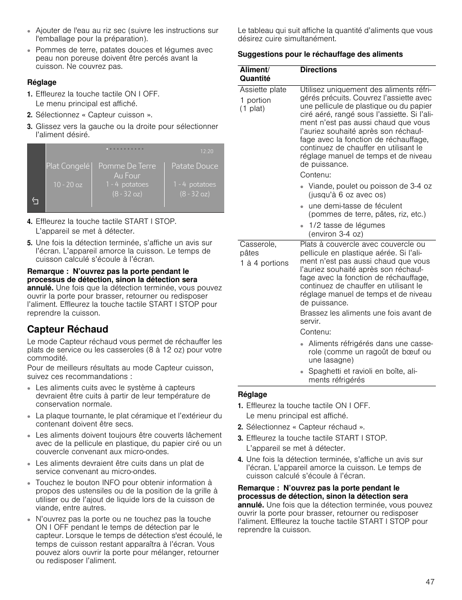 Capteur réchaud | Thermador Masterpiece Series 30 Inch Built-In Microwave Use and Care Guide User Manual | Page 47 / 60