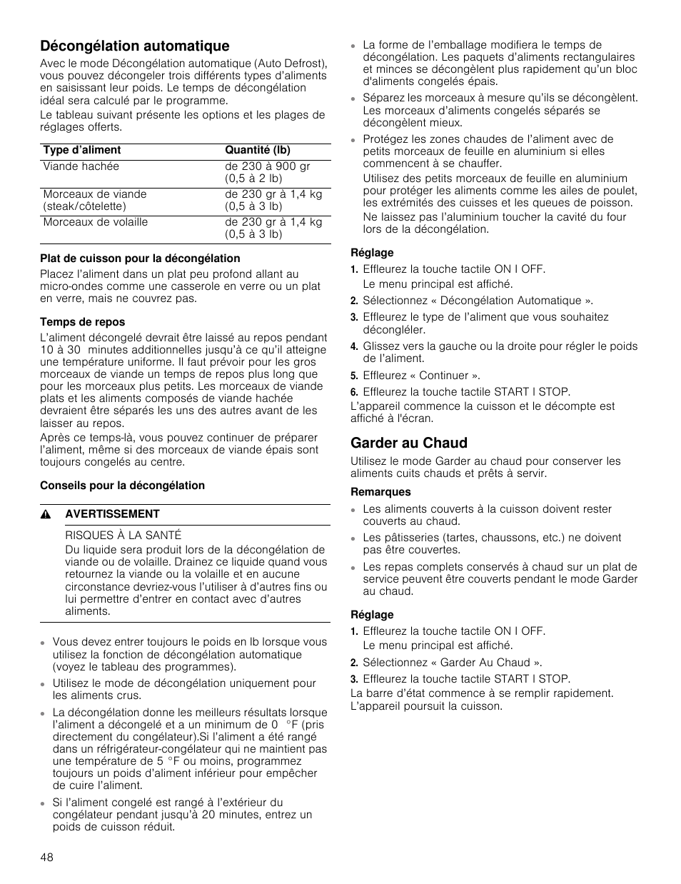Décongélation automatique, Garder au chaud | Thermador Masterpiece Series 30 Inch Built-In Microwave Use and Care Guide User Manual | Page 48 / 60