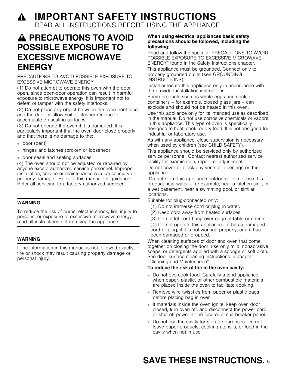 Important safety instructions, Save these instructions, Read all instructions before using the appliance | Thermador Masterpiece Series 30 Inch Built-In Microwave Use and Care Guide User Manual | Page 5 / 60