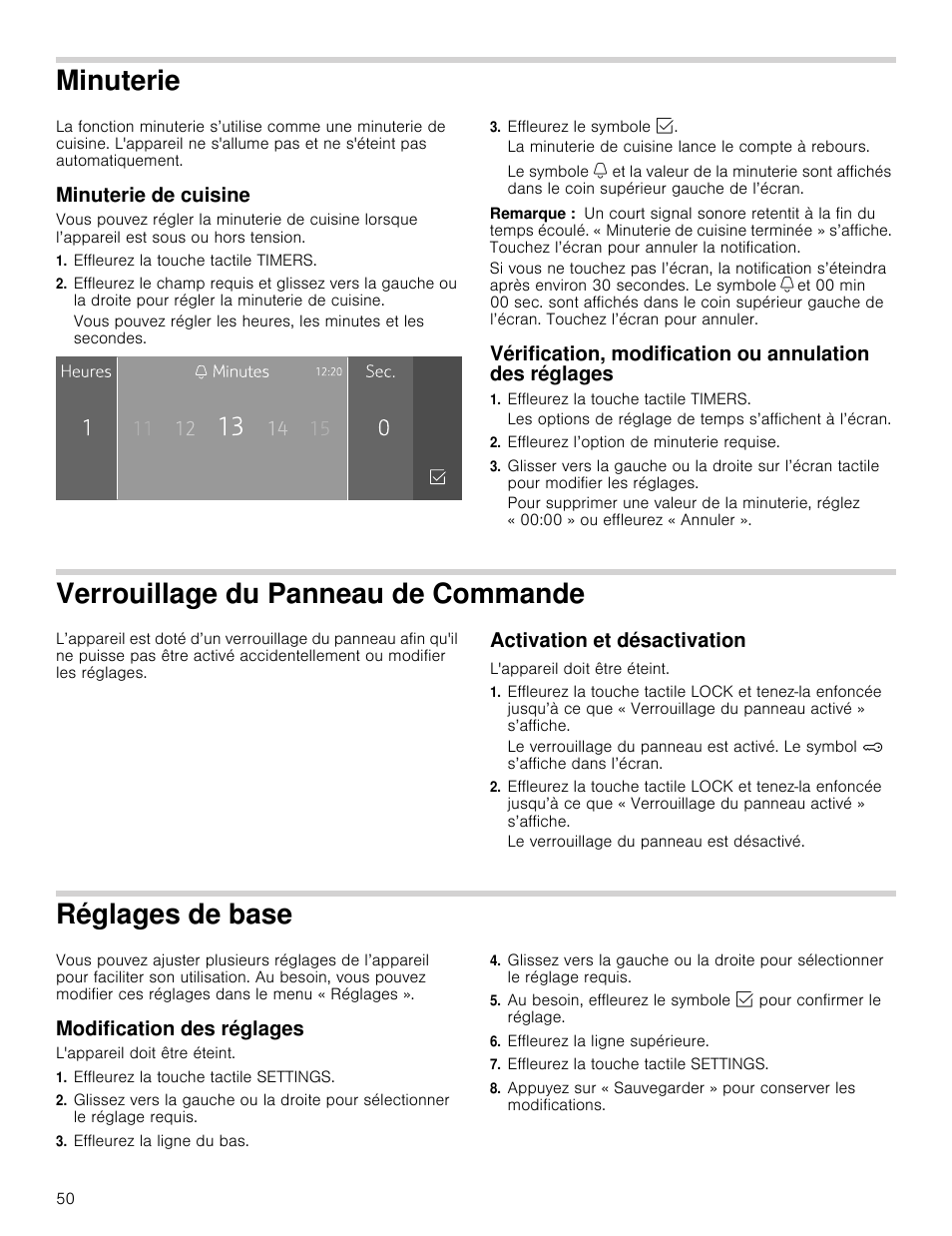 Minuterie, Verrouillage du panneau de commande, Réglages de base | Minuterie de cuisine, Activation et désactivation, Modification des réglages | Thermador Masterpiece Series 30 Inch Built-In Microwave Use and Care Guide User Manual | Page 50 / 60