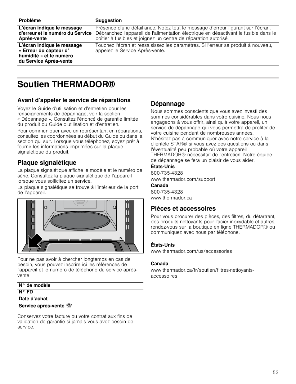 Soutien thermador, Plaque signalétique, Dépannage | Pièces et accessoires | Thermador Masterpiece Series 30 Inch Built-In Microwave Use and Care Guide User Manual | Page 53 / 60