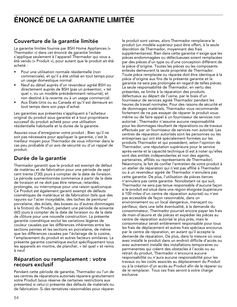 Énoncé de la garantie limitée, Couverture de la garantie limitée, Durée de la garantie | Thermador Masterpiece Series 30 Inch Built-In Microwave Use and Care Guide User Manual | Page 54 / 60