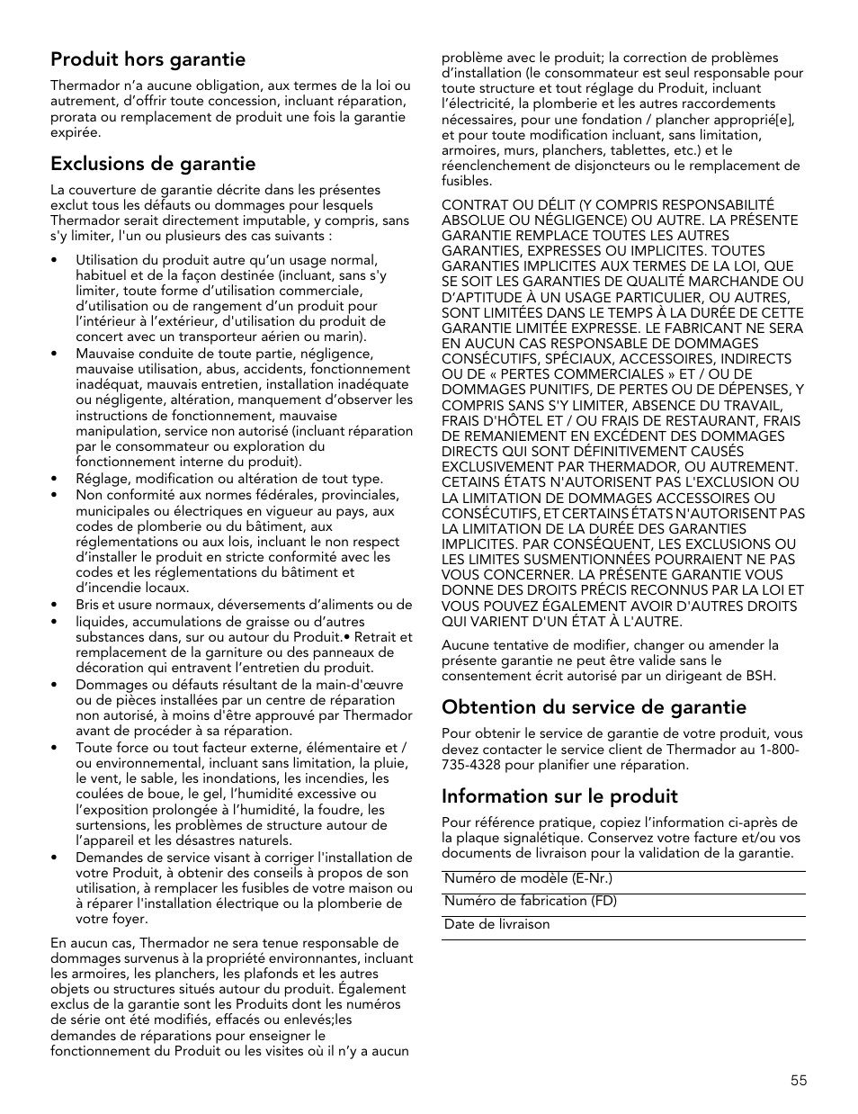 Produit hors garantie, Exclusions de garantie, Obtention du service de garantie | Information sur le produit | Thermador Masterpiece Series 30 Inch Built-In Microwave Use and Care Guide User Manual | Page 55 / 60
