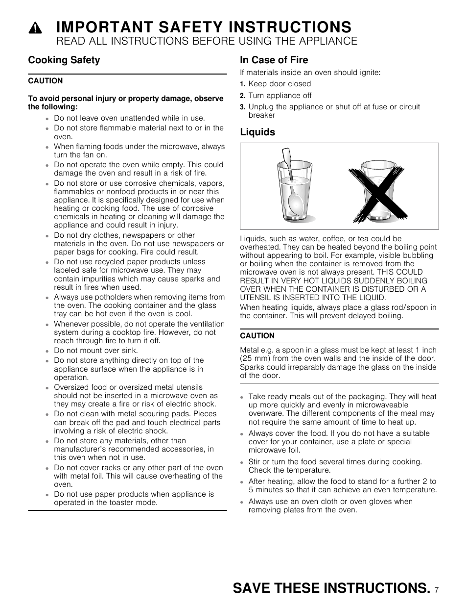 Important safety instructions, Save these instructions, Read all instructions before using the appliance | Cooking safety, Liquids | Thermador Masterpiece Series 30 Inch Built-In Microwave Use and Care Guide User Manual | Page 7 / 60