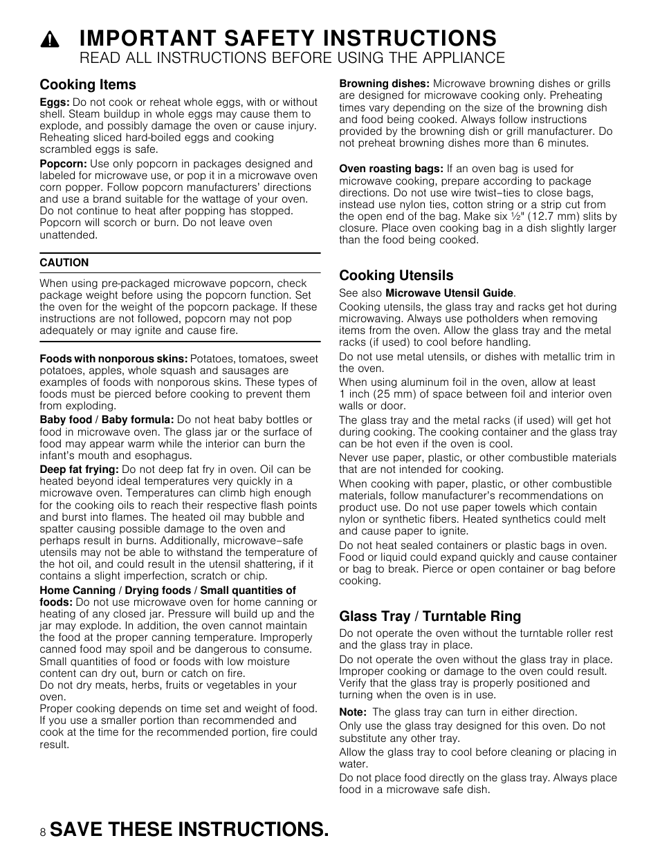 Important safety instructions, Save these instructions, Read all instructions before using the appliance | Cooking items, Cooking utensils, Glass tray / turntable ring | Thermador Masterpiece Series 30 Inch Built-In Microwave Use and Care Guide User Manual | Page 8 / 60