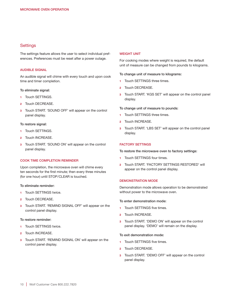 Settings | Wolf E Series 30 Inch Built-in Microwave Oven Drop Down Door Use and Care Guide User Manual | Page 10 / 56