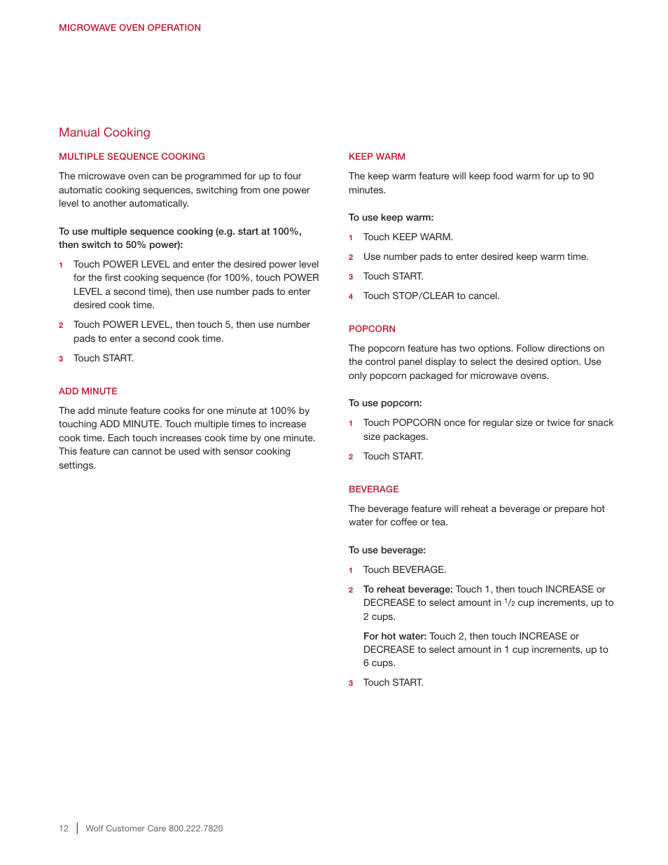 Manual cooking | Wolf E Series 30 Inch Built-in Microwave Oven Drop Down Door Use and Care Guide User Manual | Page 12 / 56