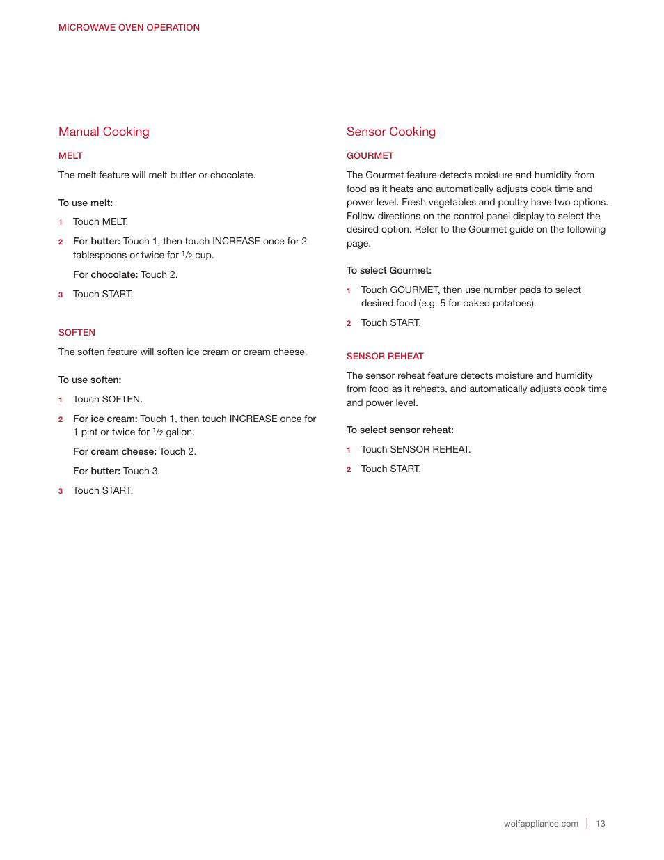 Sensor cooking, Manual cooking | Wolf E Series 30 Inch Built-in Microwave Oven Drop Down Door Use and Care Guide User Manual | Page 13 / 56