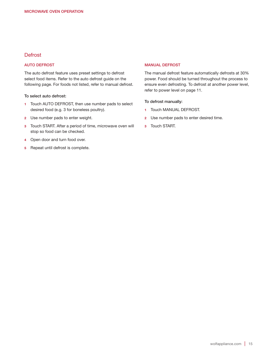 Defrost | Wolf E Series 30 Inch Built-in Microwave Oven Drop Down Door Use and Care Guide User Manual | Page 15 / 56