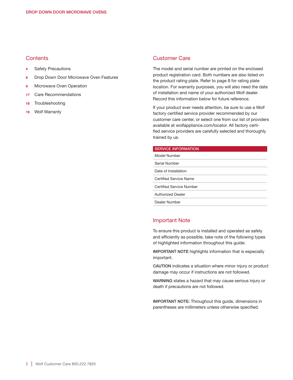 Wolf E Series 30 Inch Built-in Microwave Oven Drop Down Door Use and Care Guide User Manual | Page 2 / 56