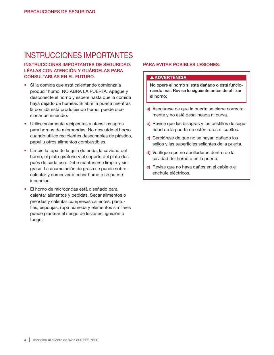 Instrucciones importantes | Wolf E Series 30 Inch Built-in Microwave Oven Drop Down Door Use and Care Guide User Manual | Page 22 / 56