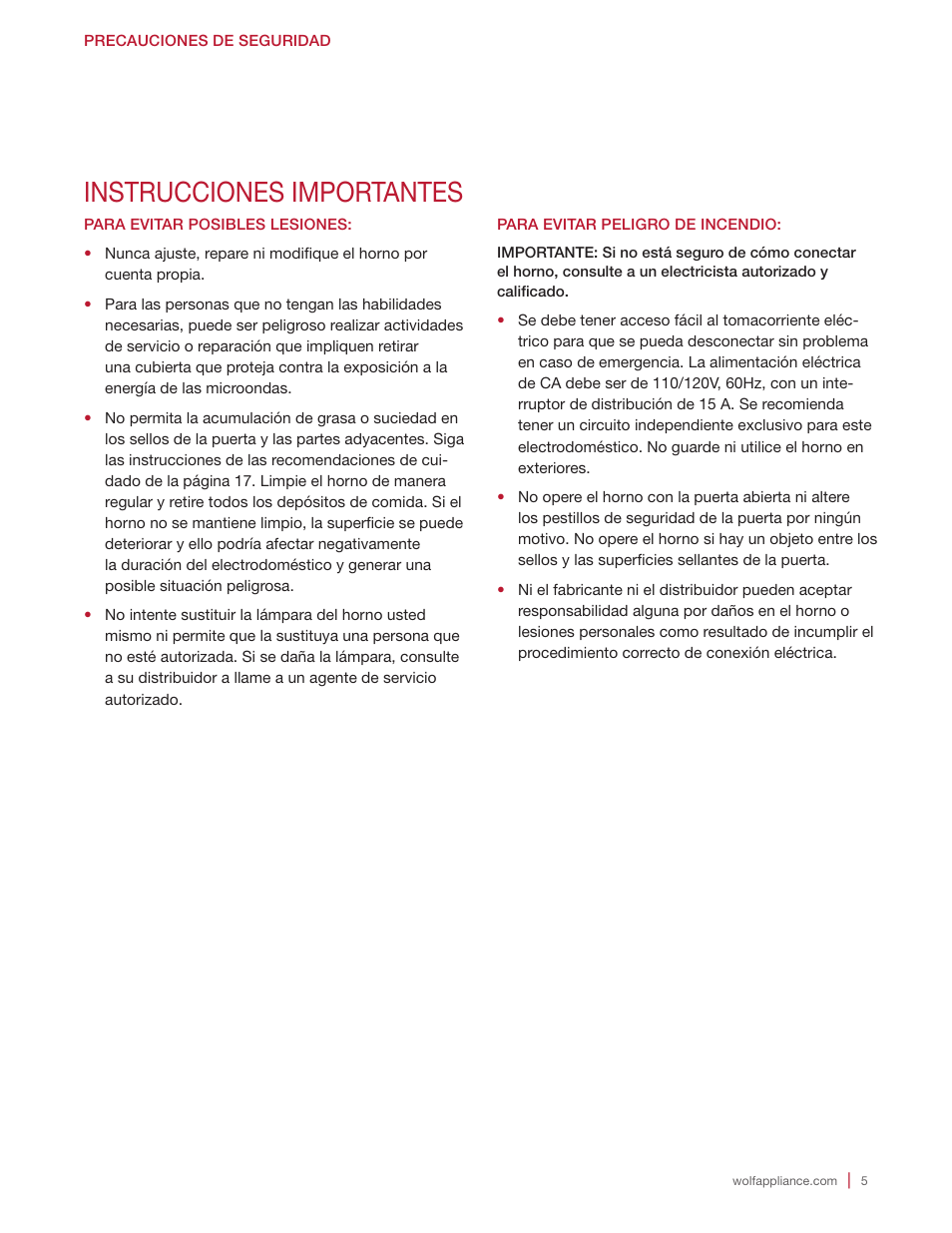 Instrucciones importantes | Wolf E Series 30 Inch Built-in Microwave Oven Drop Down Door Use and Care Guide User Manual | Page 23 / 56