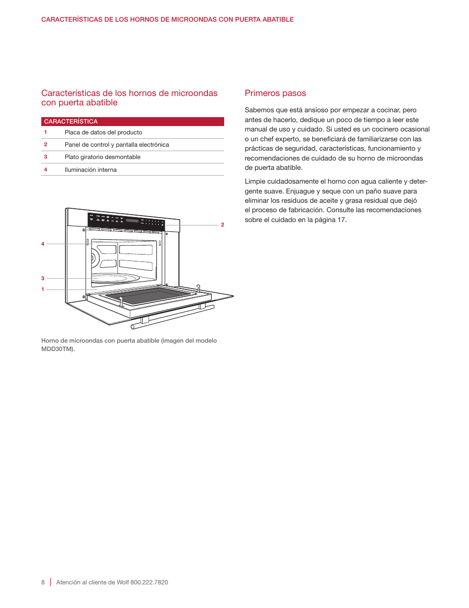 Primeros pasos | Wolf E Series 30 Inch Built-in Microwave Oven Drop Down Door Use and Care Guide User Manual | Page 26 / 56