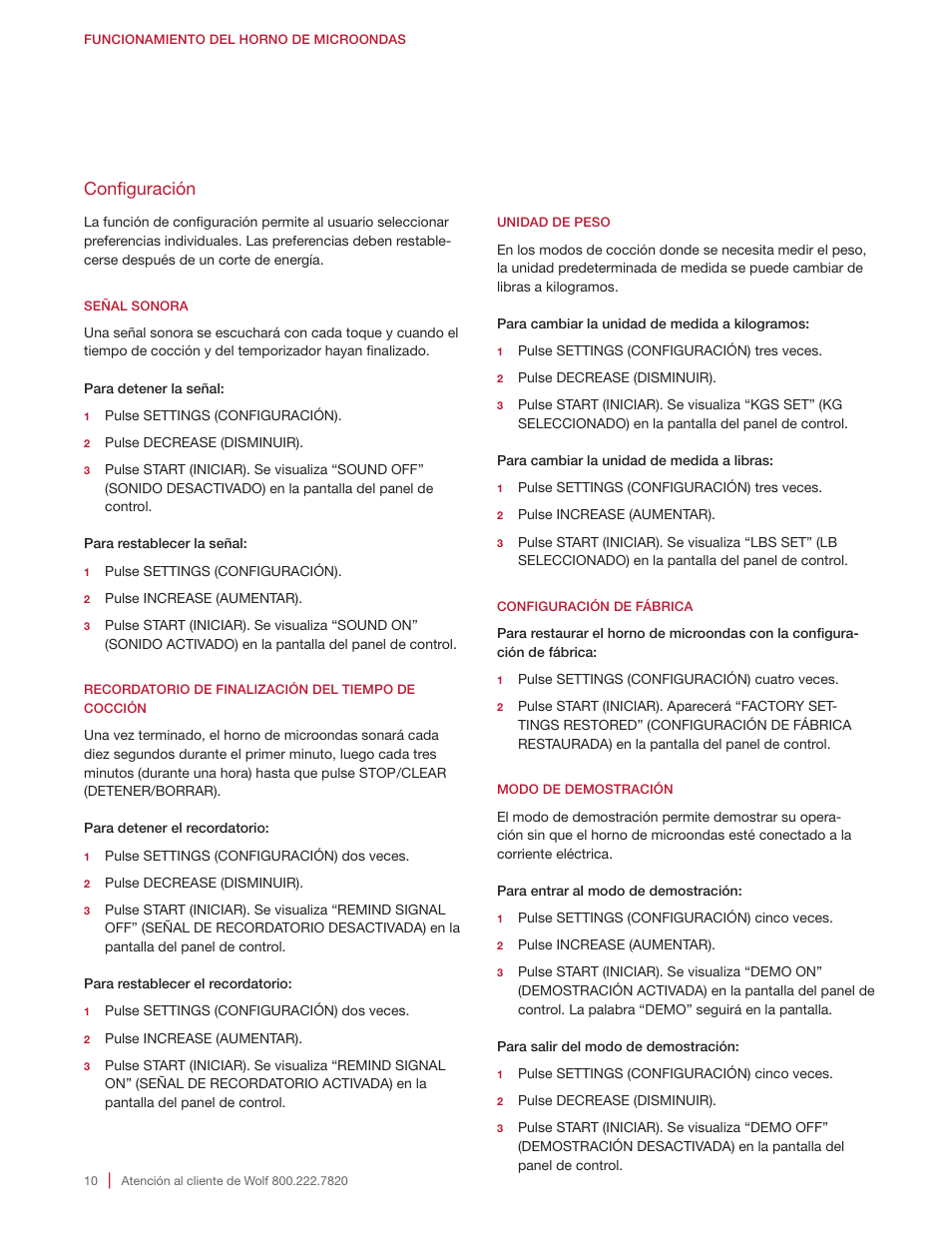 Configuración | Wolf E Series 30 Inch Built-in Microwave Oven Drop Down Door Use and Care Guide User Manual | Page 28 / 56