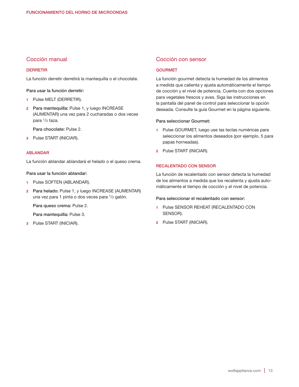 Cocción con sensor, Cocción manual | Wolf E Series 30 Inch Built-in Microwave Oven Drop Down Door Use and Care Guide User Manual | Page 31 / 56