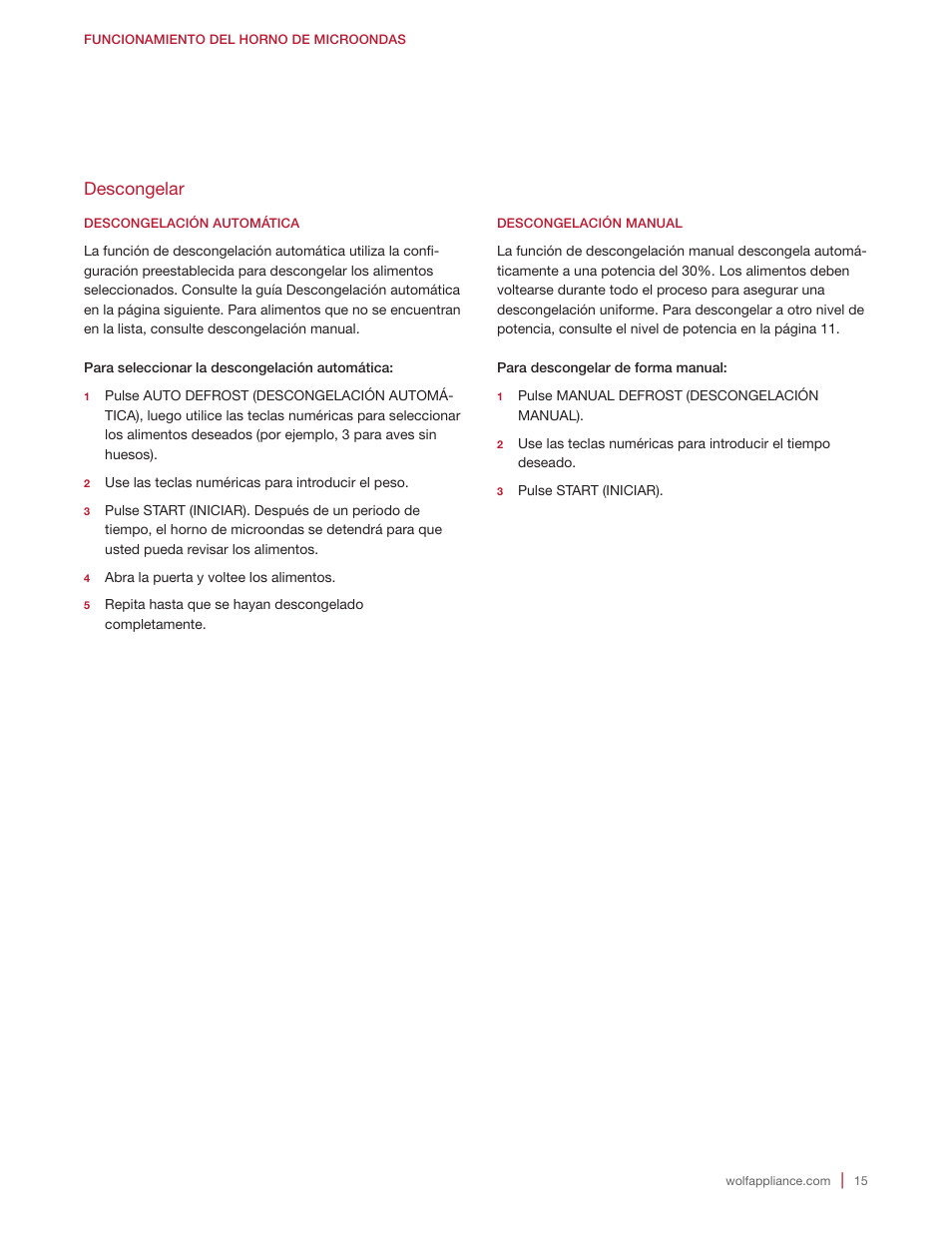 Descongelar | Wolf E Series 30 Inch Built-in Microwave Oven Drop Down Door Use and Care Guide User Manual | Page 33 / 56