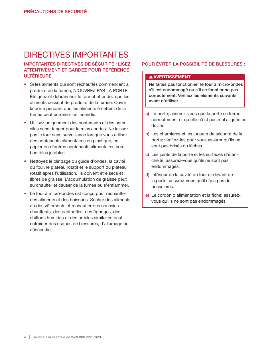 Directives importantes | Wolf E Series 30 Inch Built-in Microwave Oven Drop Down Door Use and Care Guide User Manual | Page 40 / 56