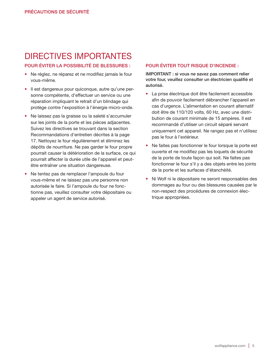 Directives importantes | Wolf E Series 30 Inch Built-in Microwave Oven Drop Down Door Use and Care Guide User Manual | Page 41 / 56