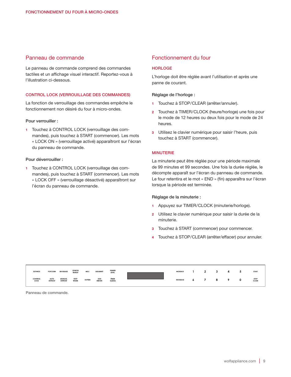 Fonctionnement du four, Panneau de commande | Wolf E Series 30 Inch Built-in Microwave Oven Drop Down Door Use and Care Guide User Manual | Page 45 / 56