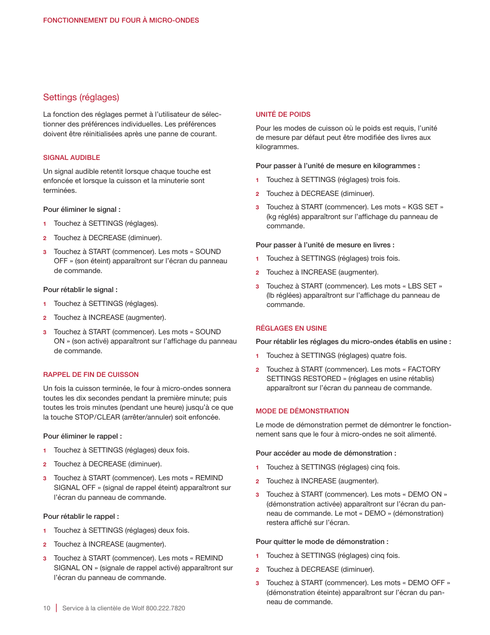 Settings (réglages) | Wolf E Series 30 Inch Built-in Microwave Oven Drop Down Door Use and Care Guide User Manual | Page 46 / 56