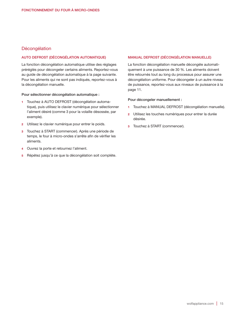 Décongélation | Wolf E Series 30 Inch Built-in Microwave Oven Drop Down Door Use and Care Guide User Manual | Page 51 / 56