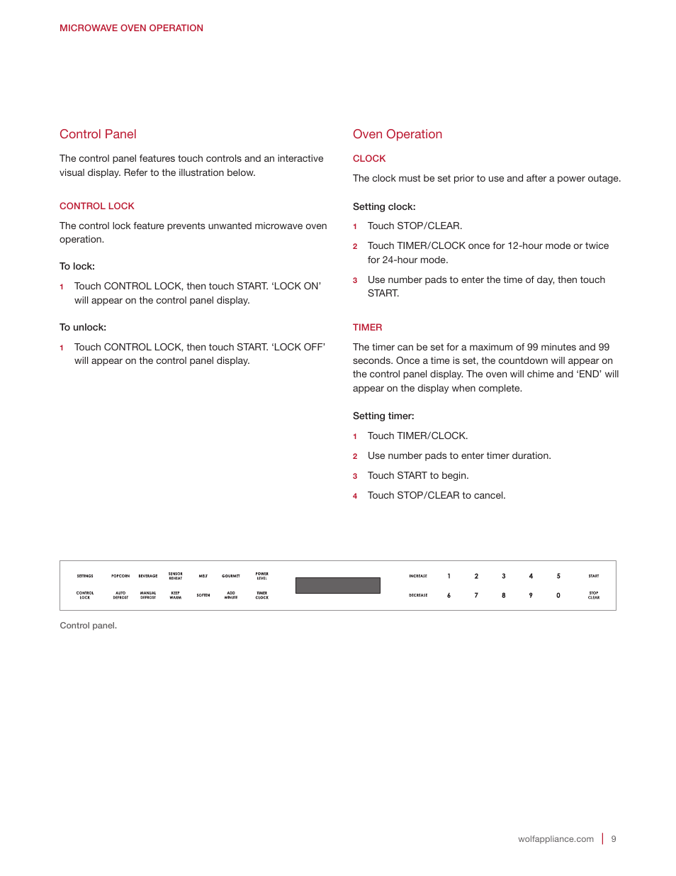 Oven operation, Control panel | Wolf E Series 30 Inch Built-in Microwave Oven Drop Down Door Use and Care Guide User Manual | Page 9 / 56