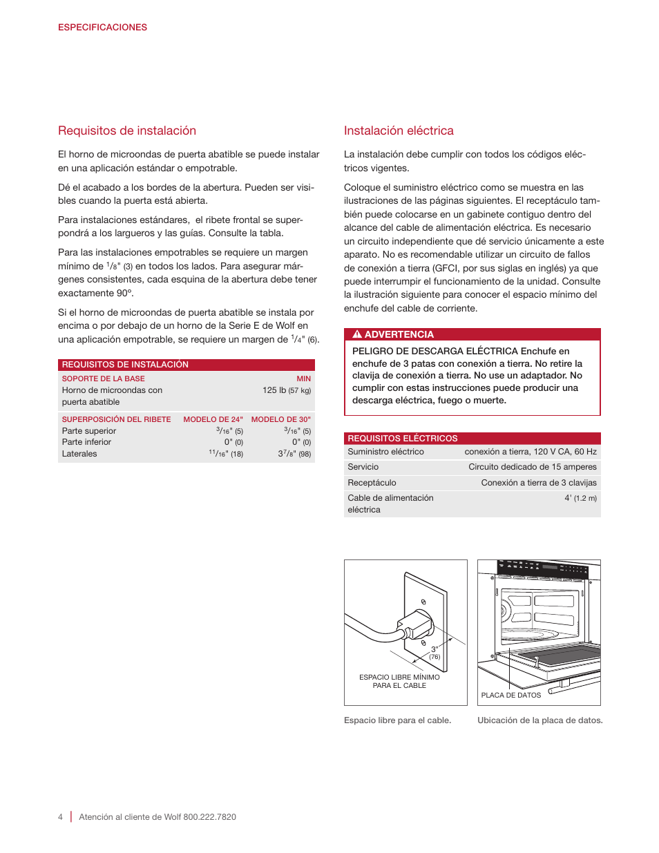 Instalación eléctrica, Requisitos de instalación | Wolf E Series 30 Inch Built-in Microwave Oven Drop Down Door Installation Guide User Manual | Page 10 / 20