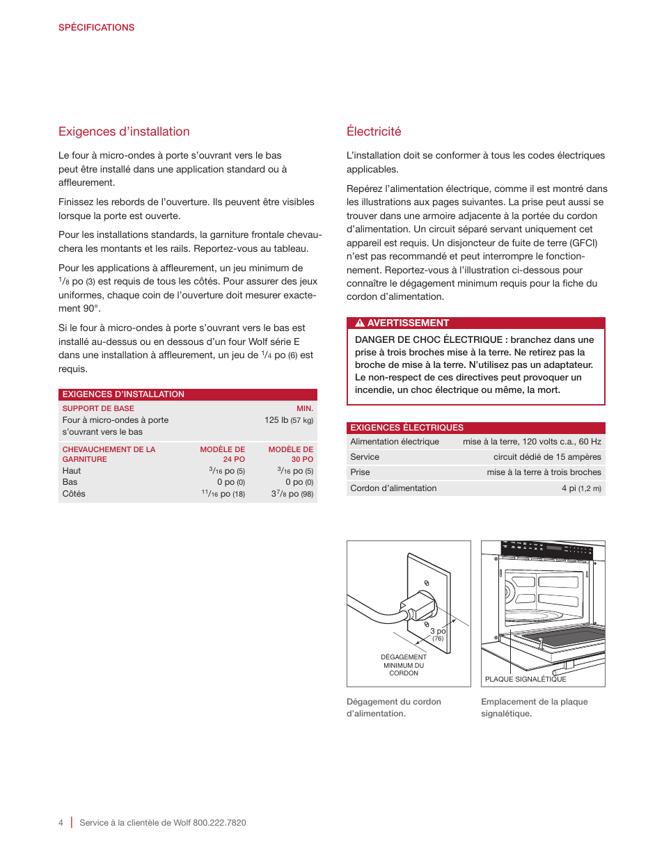 Électricité, Exigences d’installation | Wolf E Series 30 Inch Built-in Microwave Oven Drop Down Door Installation Guide User Manual | Page 16 / 20