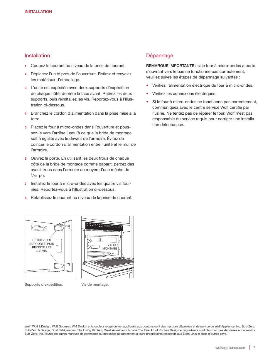 Installation, Dépannage | Wolf E Series 30 Inch Built-in Microwave Oven Drop Down Door Installation Guide User Manual | Page 19 / 20