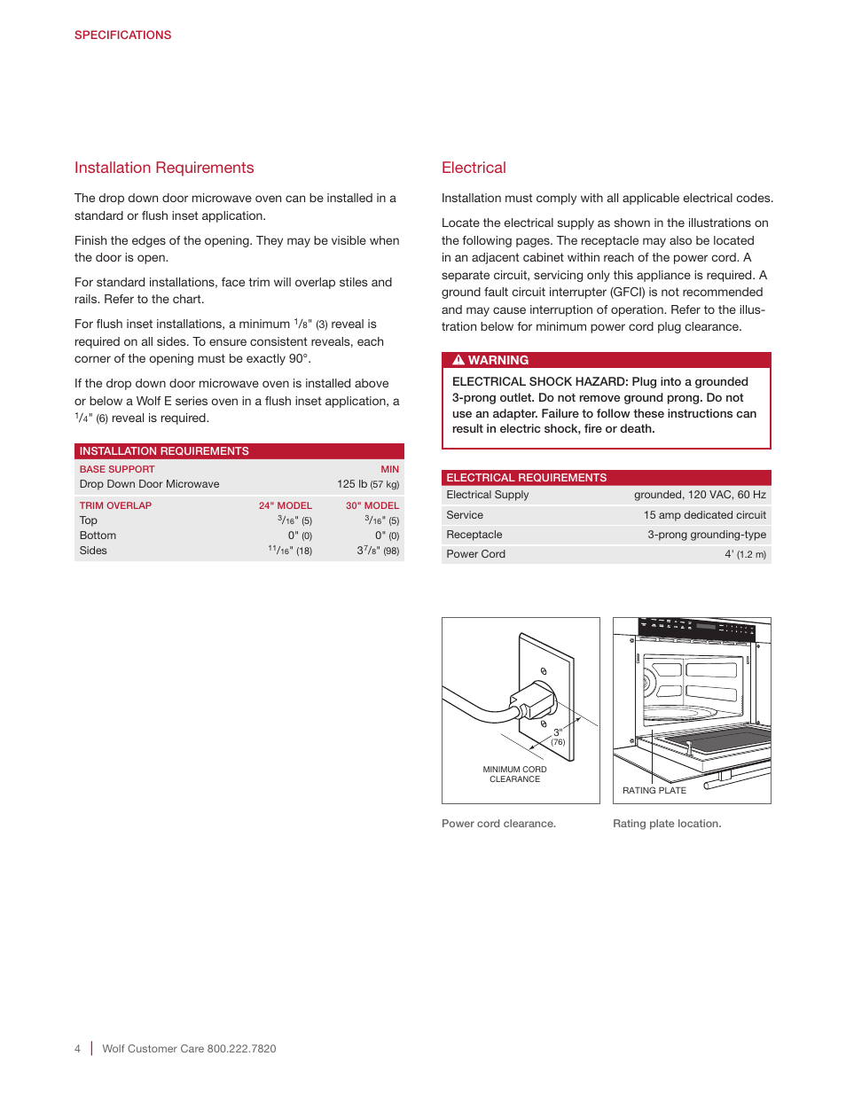 Electrical, Installation requirements | Wolf E Series 30 Inch Built-in Microwave Oven Drop Down Door Installation Guide User Manual | Page 4 / 20