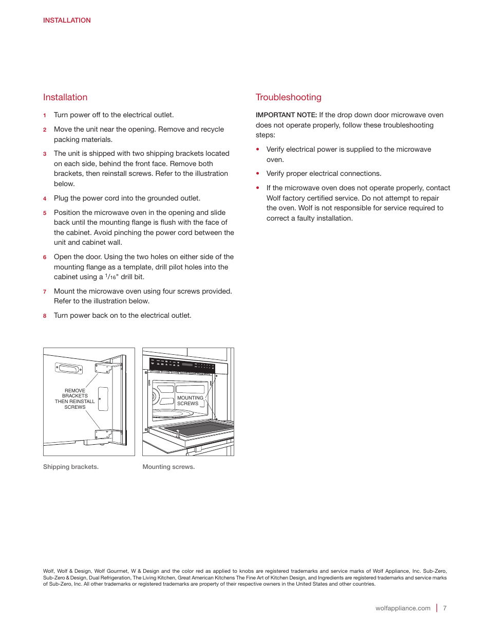 Installation, Troubleshooting | Wolf E Series 30 Inch Built-in Microwave Oven Drop Down Door Installation Guide User Manual | Page 7 / 20