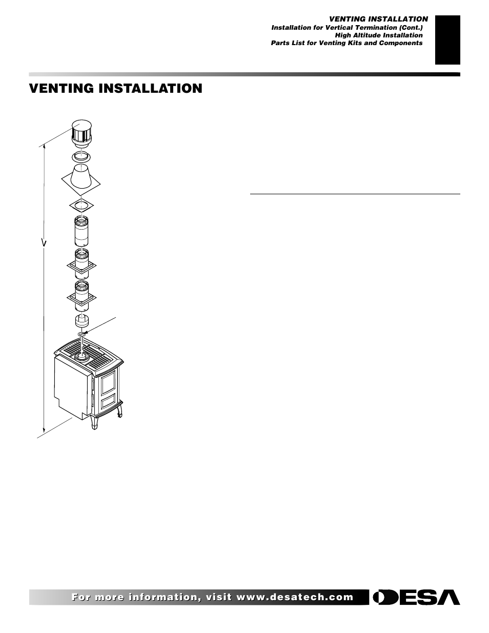 Venting installation, Continued, High altitude installation | Parts lists for venting kits and components | Desa (F)SDVBNC User Manual | Page 19 / 42