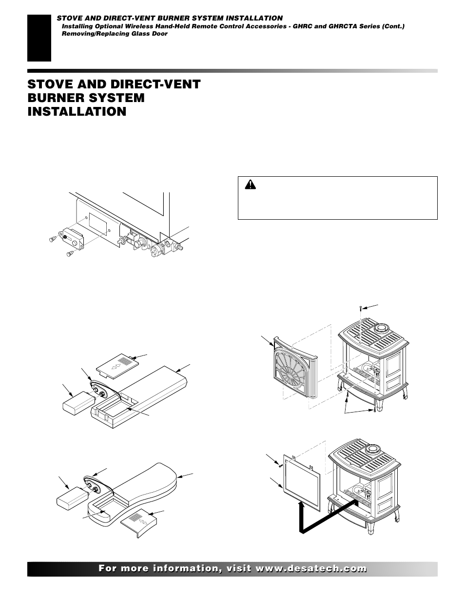 Stove and direct-vent burner system installation, Continued, Removing/replacing glass door | Desa (F)SDVBNC User Manual | Page 24 / 42