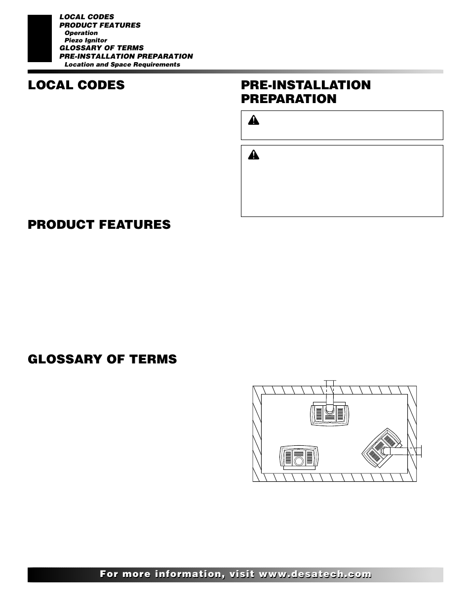 Local codes, Product features, Glossary of terms | Pre-installation preparation | Desa (F)SDVBNC User Manual | Page 4 / 42