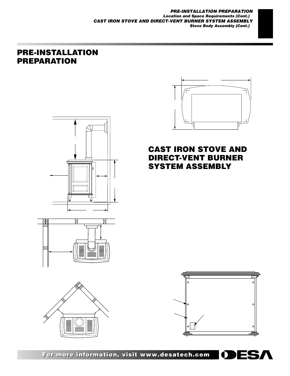 Cast iron stove and direct-vent, Burner system assembly, Pre-installation preparation | Continued, Stove body assembly | Desa (F)SDVBNC User Manual | Page 5 / 42
