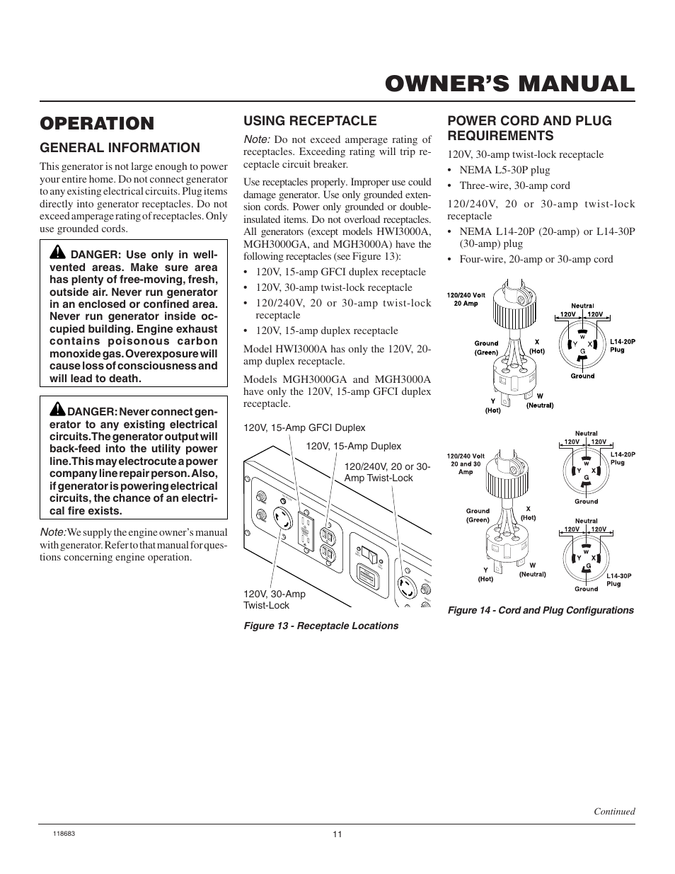 Owner’s manual, Operation, General information | Power cord and plug requirements, Using receptacle, Figure 14 - cord and plug conﬁgurations continued | Desa Hwi3000a User Manual | Page 11 / 32