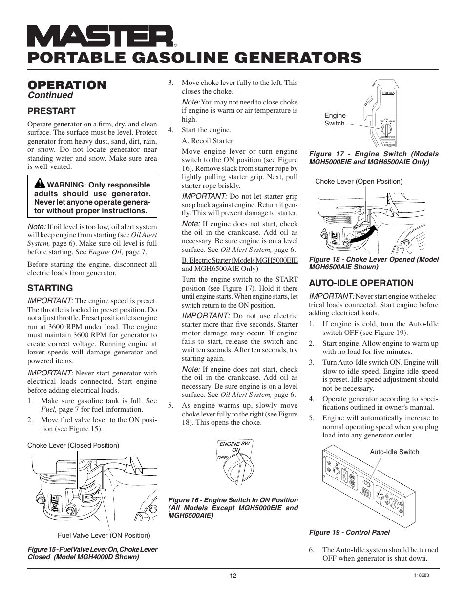 Portable gasoline generators, Operation, Auto-idle operation | Continued, Starting, Prestart | Desa Hwi3000a User Manual | Page 12 / 32