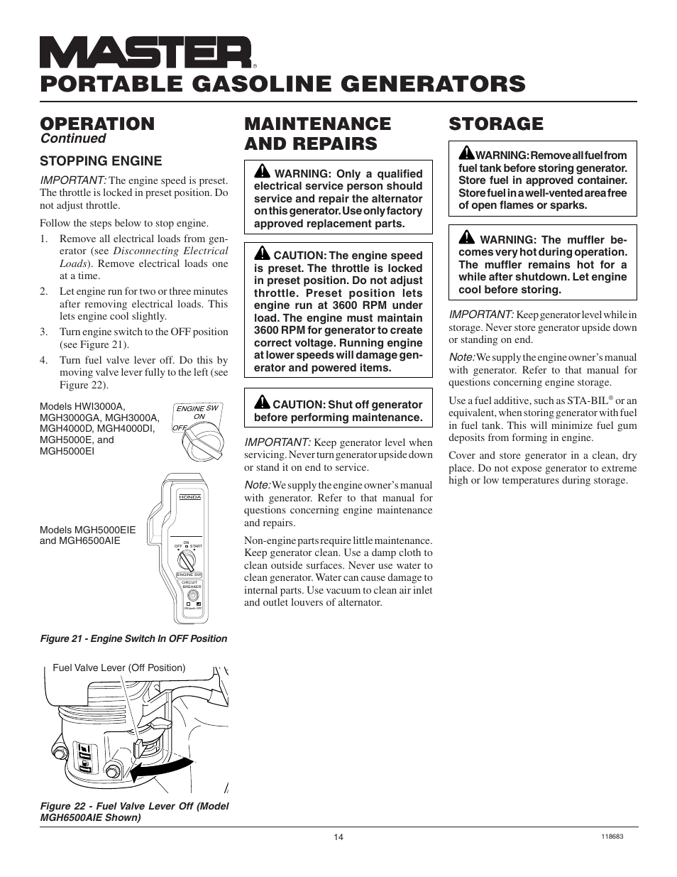 Portable gasoline generators, Storage, Maintenance and repairs | Operation, Stopping engine, Continued | Desa Hwi3000a User Manual | Page 14 / 32