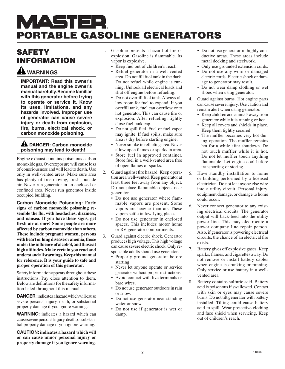 Portable gasoline generators, Safety information | Desa Hwi3000a User Manual | Page 2 / 32