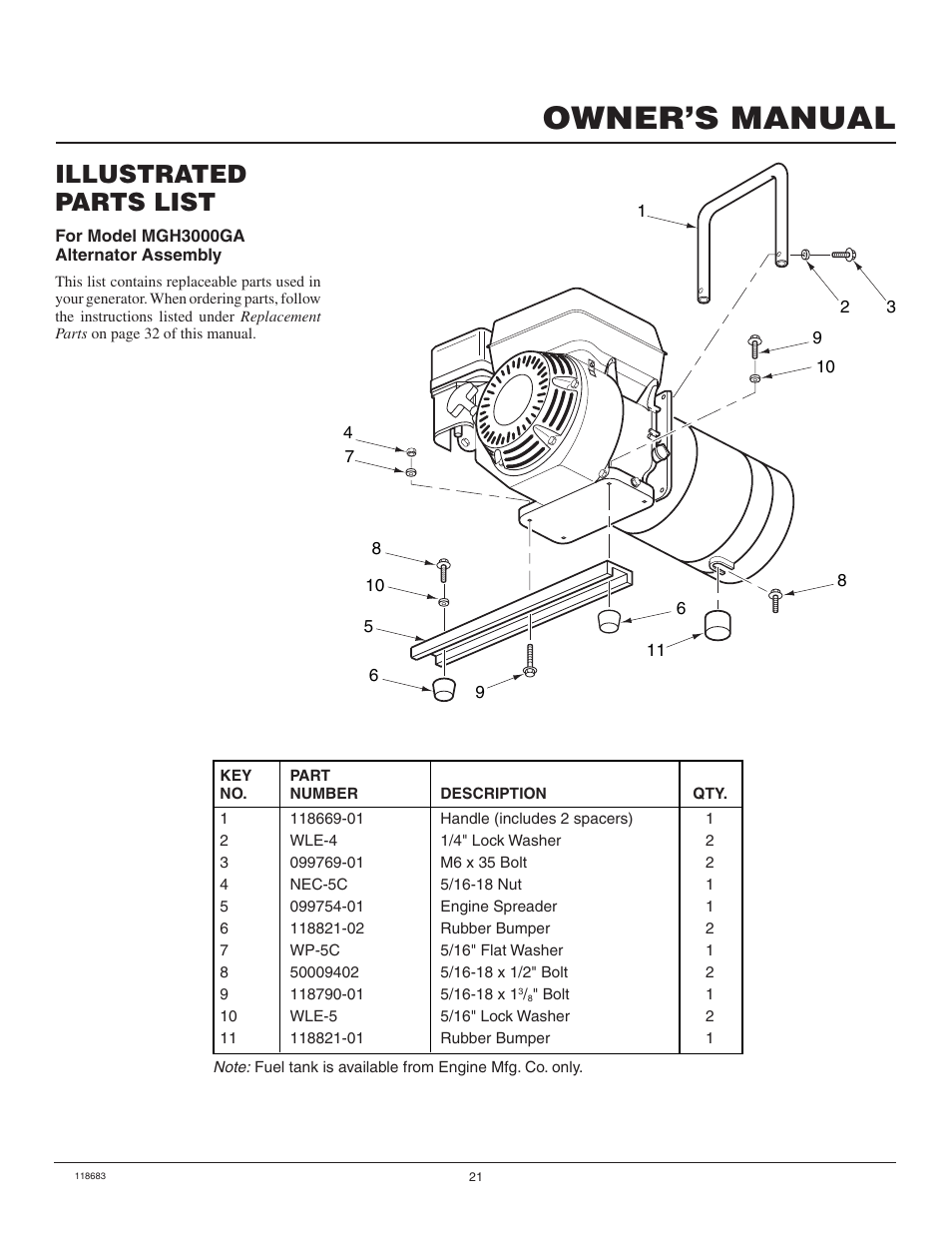 Owner’s manual, Illustrated parts list | Desa Hwi3000a User Manual | Page 21 / 32